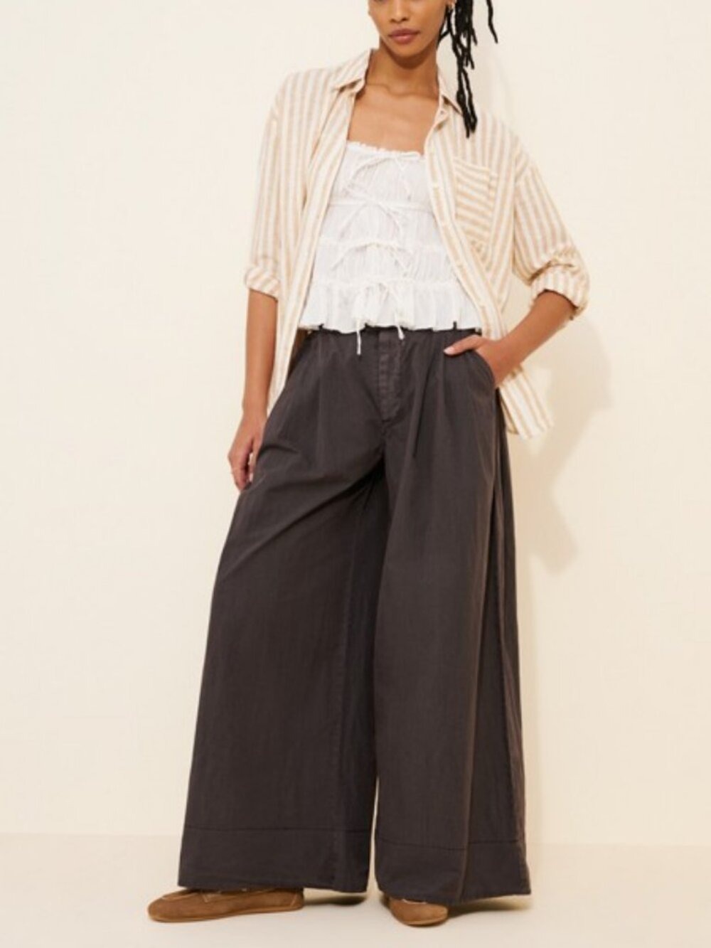 Free People Paige Pleated Pull-On Trousers Charcoal Super Wide Leg Pants M